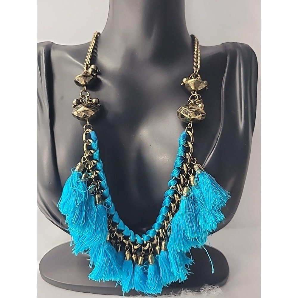 Vintage Boho Blue Tassel Statement Necklace Gold Tone Fringe Festival Chic